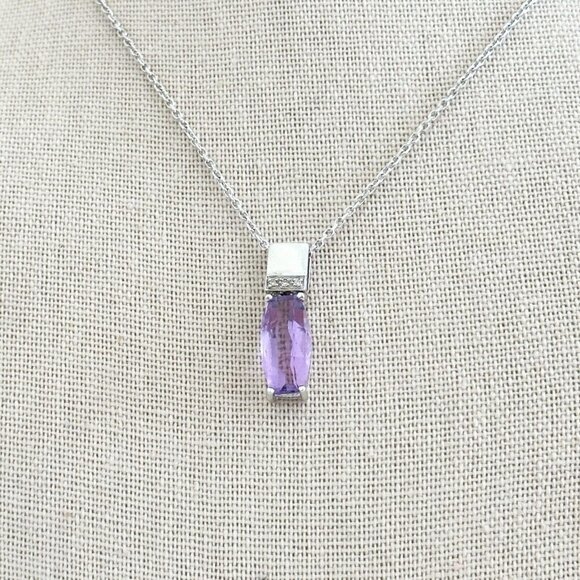 14K Solid White Gold Faceted Amethyst Diamond Accent Pendant Chain Necklace 18" - Picture 10 of 11